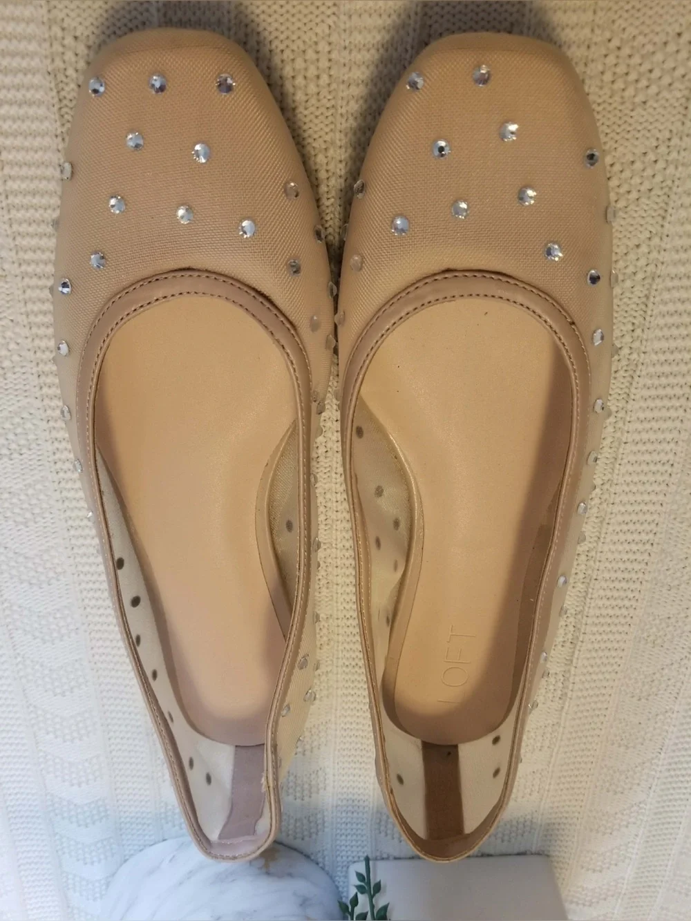 Loft Stud-Embellished Leather Ballet Flats in Beige and Black
